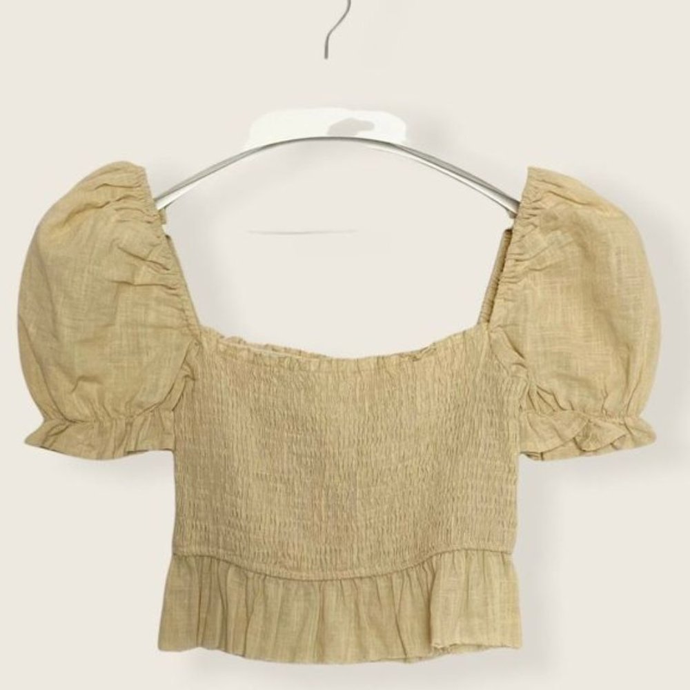 Reverse Smocked Puff Sleeve Linen Blend Crop Top